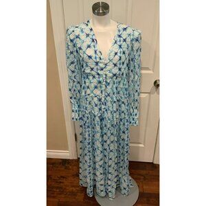 Rocco Sand Blue White Silk Tie Dye Long Sleeve Maxi Dress $595, Size Large